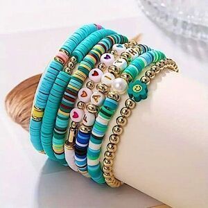 Boho Vacation Vibes 7pc Bracelet Stack Clay Heishi Seed Bead Jewelry